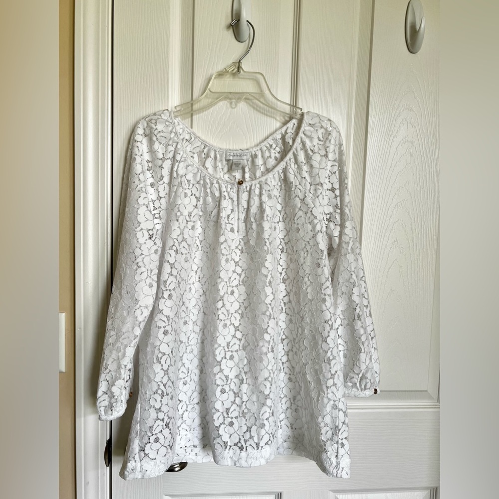 Charter Club, white floral lace, long dolman sleeve pull over top.